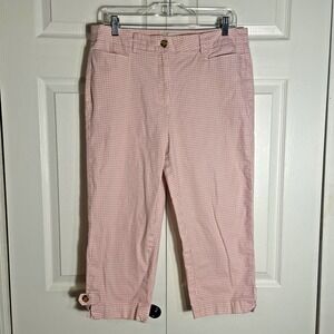 Talbots Capri Gingham Pants Women 12 Pink White Cropped Button Tab Hem Cottage